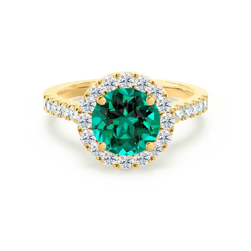 CECILY - Chatham® Lab Grown Emerald & Diamond 18k Yellow Gold Halo Ring