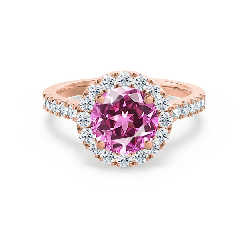 CECILY - Chatham® Lab Grown Pink Sapphire & Diamond 18k Rose Gold Halo Ring