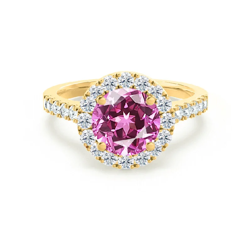 CECILY - Chatham® Lab Grown Pink Sapphire & Diamond 18k Yellow Gold Halo Ring