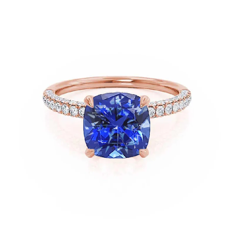 COCO - Chatham® Cushion Blue Sapphire & Diamond 18k Rose Gold Hidden Halo Triple Pavé Shoulder Set