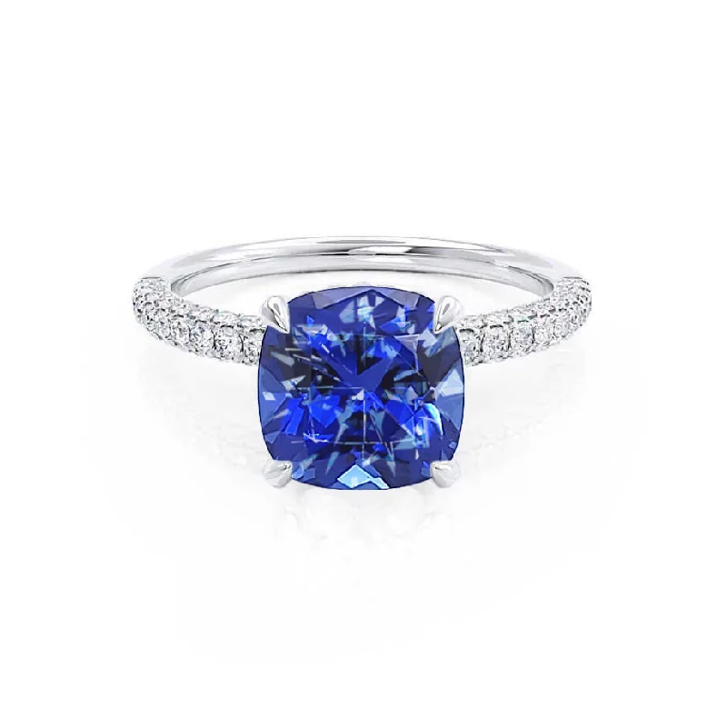 COCO - Chatham® Cushion Blue Sapphire & Diamond 18k White Gold Hidden Halo Triple Pavé Shoulder Set