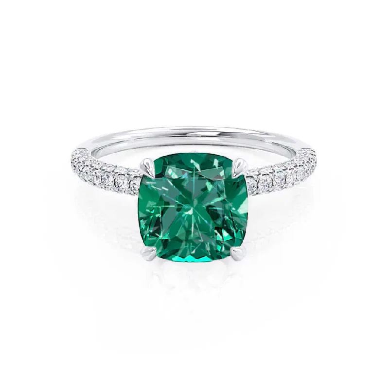 COCO - Chatham® Cushion Emerald & Diamond 18k White Gold Hidden Halo Triple Pavé Shoulder Set