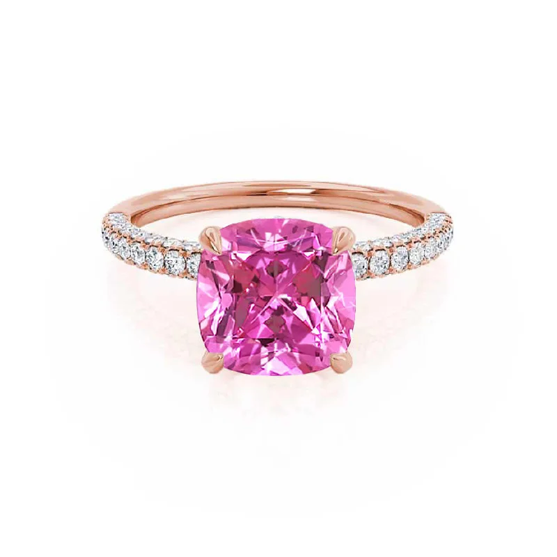 COCO - Chatham® Cushion Pink Sapphire & Diamond 18k Rose Gold Hidden Halo Triple Pavé Shoulder Set