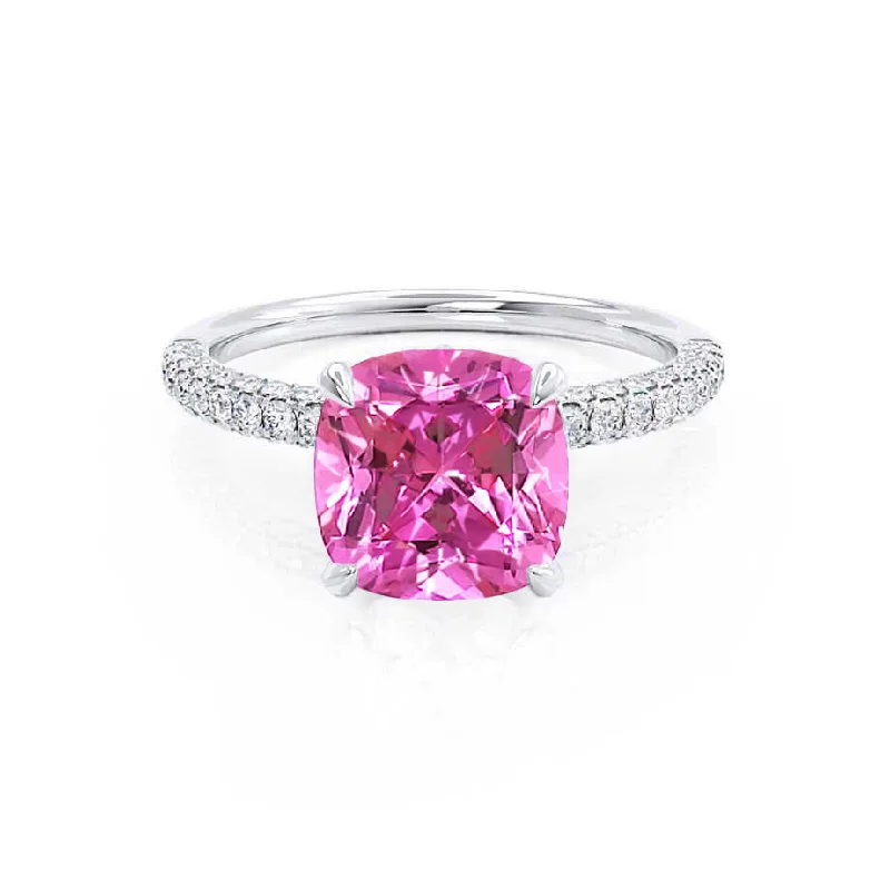 COCO - Chatham® Cushion Pink Sapphire & Diamond 18k White Gold Hidden Halo Triple Pavé Shoulder Set