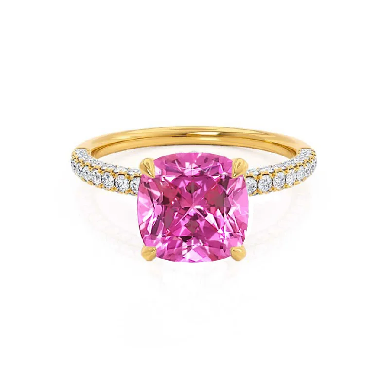 COCO - Chatham® Cushion Pink Sapphire & Diamond 18k Yellow Gold Hidden Halo Triple Pavé Shoulder Set