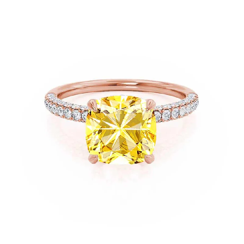 COCO - Chatham® Cushion Yellow Sapphire & Diamond 18k Rose Gold Hidden Halo Triple Pavé Shoulder Set