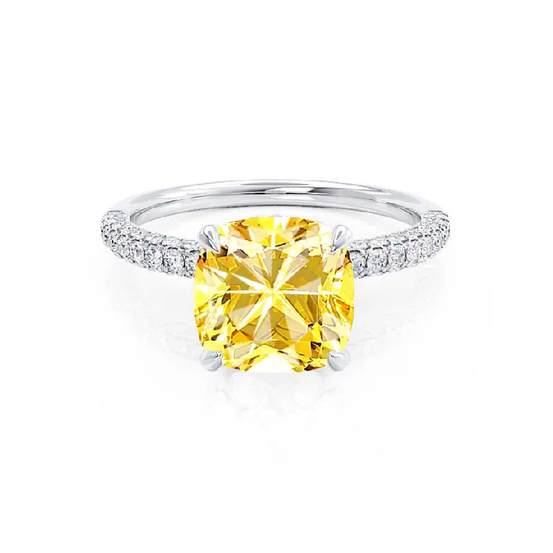 COCO - Chatham® Cushion Yellow Sapphire & Diamond 18k White Gold Hidden Halo Triple Pavé Shoulder Set