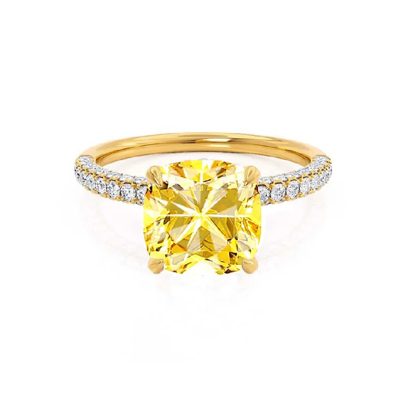 COCO - Chatham® Cushion Yellow Sapphire & Diamond 18k Yellow Gold Hidden Halo Triple Pavé Shoulder Set