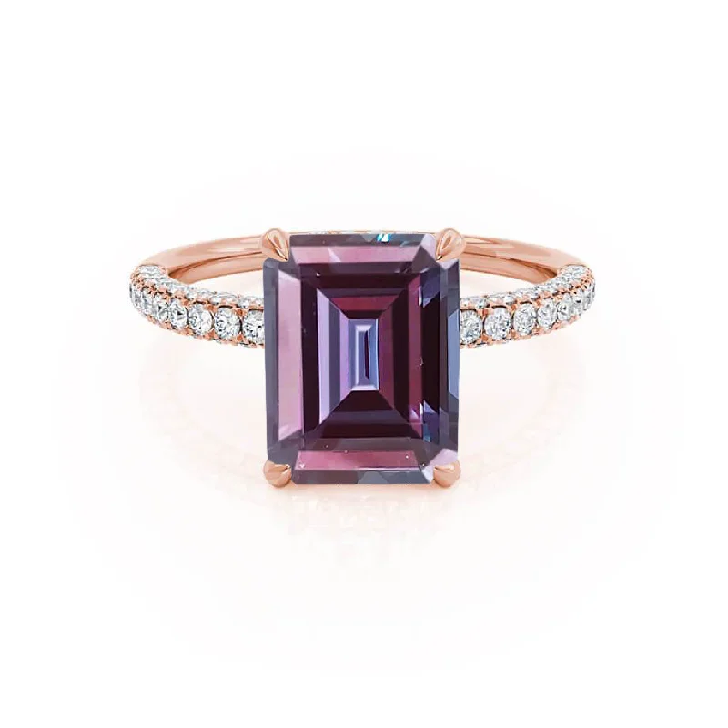 COCO - Chatham® Emerald Alexandrite & Diamond 18k Rose Gold Petite Hidden Halo Triple Pavé Ring