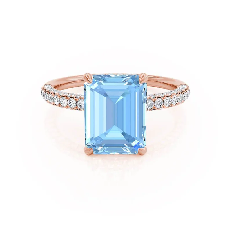 COCO - Chatham® Emerald Aqua Spinel & Diamond 18k Rose Gold Petite Hidden Halo Triple Pavé Ring