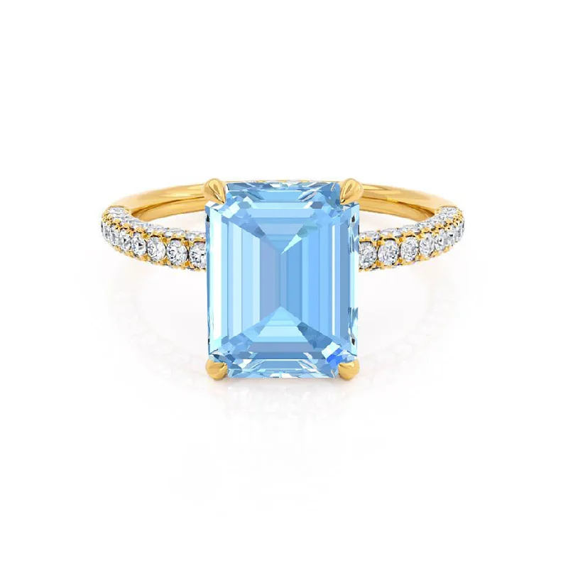 COCO - Chatham® Emerald Aqua Spinel & Diamond 18k Yellow Gold Petite Hidden Halo Triple Pavé Ring