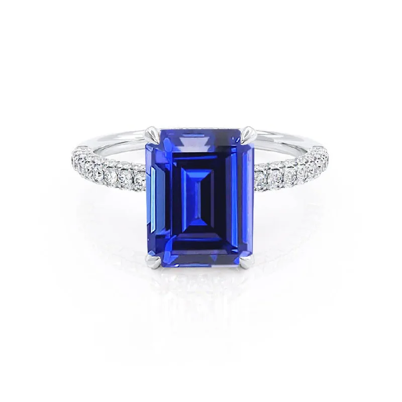 COCO - Chatham® Emerald Blue Sapphire & Diamond 18k White Gold Petite Hidden Halo Triple Pavé Ring