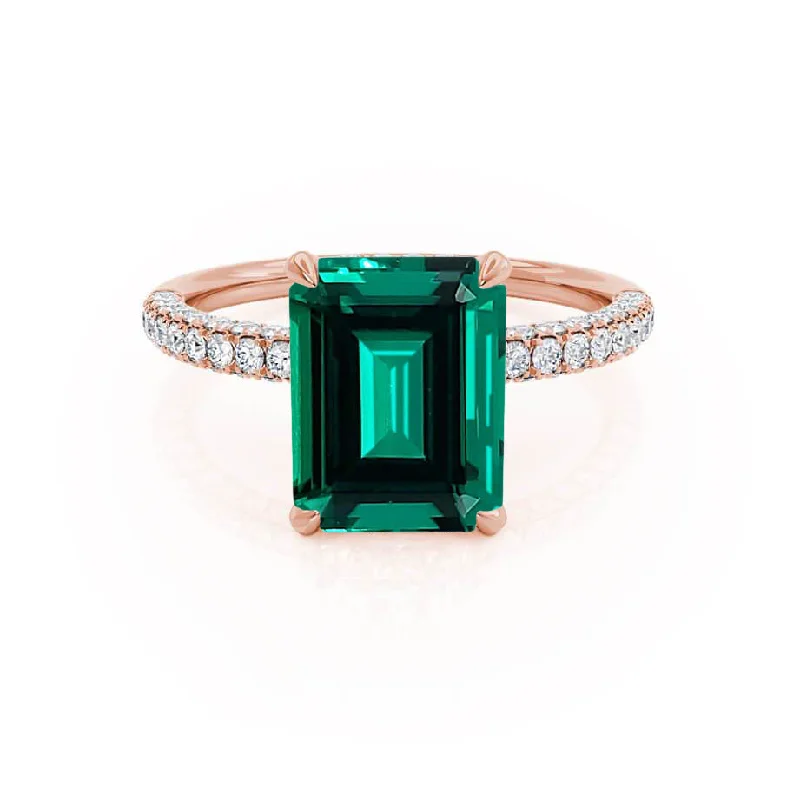 COCO - Chatham® Emerald & Diamond 18k Rose Gold Petite Hidden Halo Triple Pavé Ring