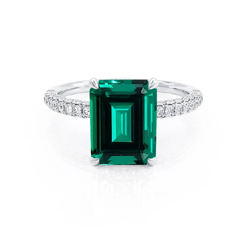 COCO - Chatham® Emerald & Diamond 18k White Gold Petite Hidden Halo Triple Pavé Ring