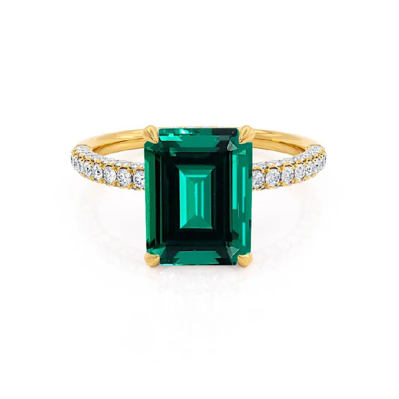 COCO - Chatham® Emerald & Diamond 18k Yellow Gold Petite Hidden Halo Triple Pavé Ring