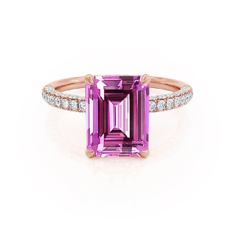 COCO - Chatham® Emerald Pink Sapphire & Diamond 18k Rose Gold Petite Hidden Halo Triple Pavé Ring