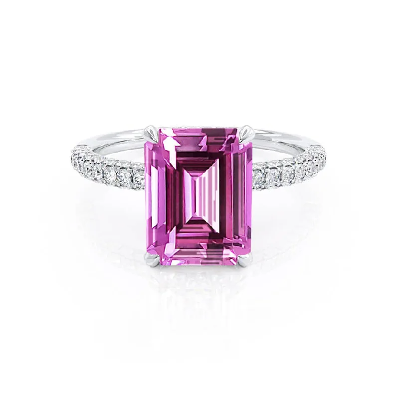 COCO - Chatham® Emerald Pink Sapphire & Diamond 18k White Gold Petite Hidden Halo Triple Pavé Ring