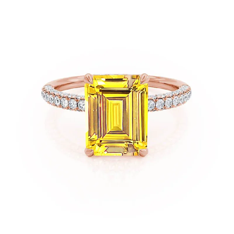 COCO - Chatham® Emerald Yellow Sapphire & Diamond 18k Rose Gold Petite Hidden Halo Triple Pavé Ring