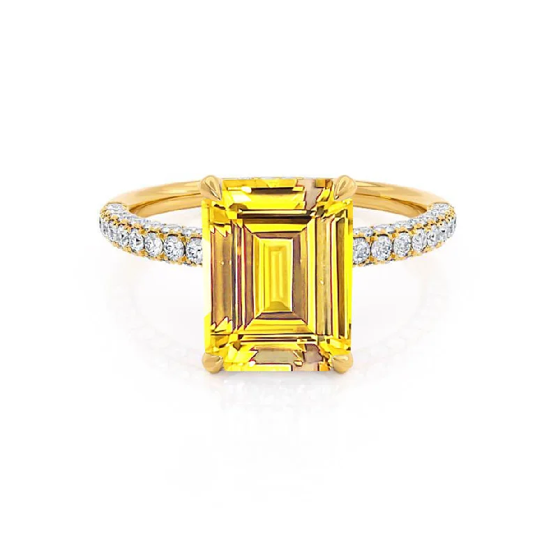 COCO - Chatham® Emerald Yellow Sapphire & Diamond 18k Yellow Gold Petite Hidden Halo Triple Pavé Ring