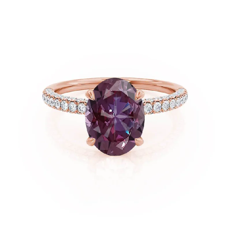 COCO - Chatham® Oval Alexandrite & Diamond 18k Rose Gold Petite Hidden Halo Triple Pavé Shoulder Set Ring