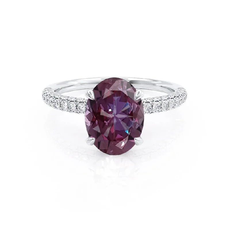 COCO - Chatham® Oval Alexandrite & Diamond 18k White Gold Petite Hidden Halo Triple Pavé Shoulder Set Ring