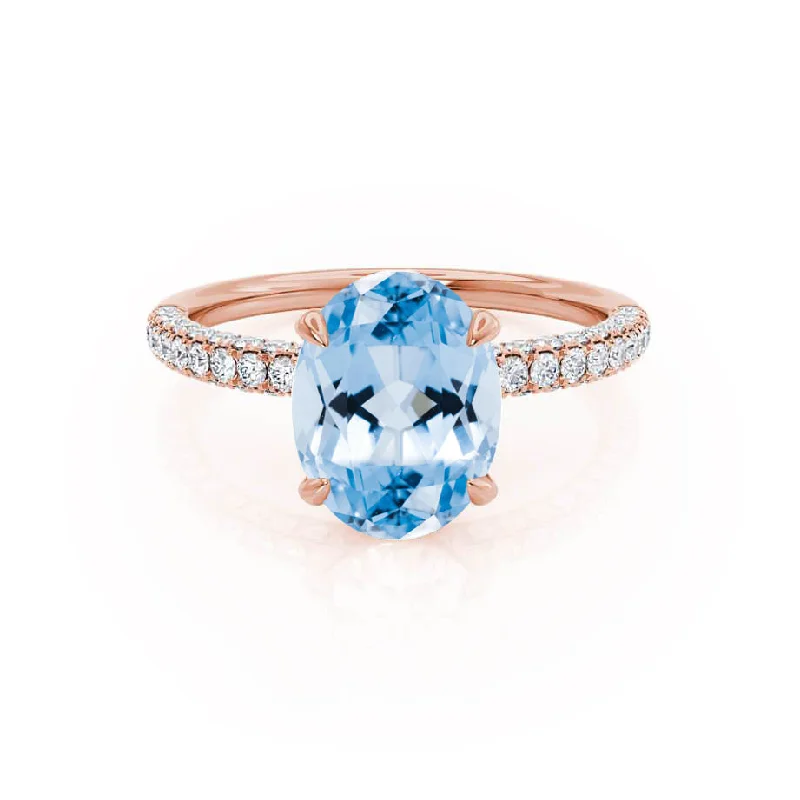 COCO - Chatham® Oval Aqua Spinel & Diamond 18k Rose Gold Petite Hidden Halo Triple Pavé Shoulder Set Ring