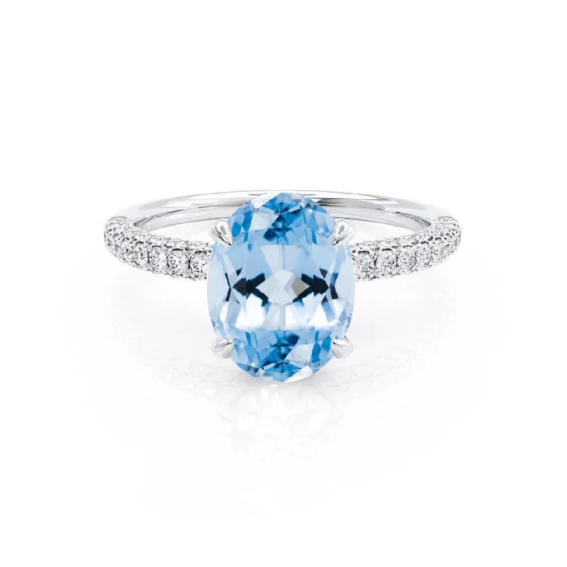 COCO - Chatham® Oval Aqua Spinel & Diamond 18k White Gold Petite Hidden Halo Triple Pavé Shoulder Set Ring