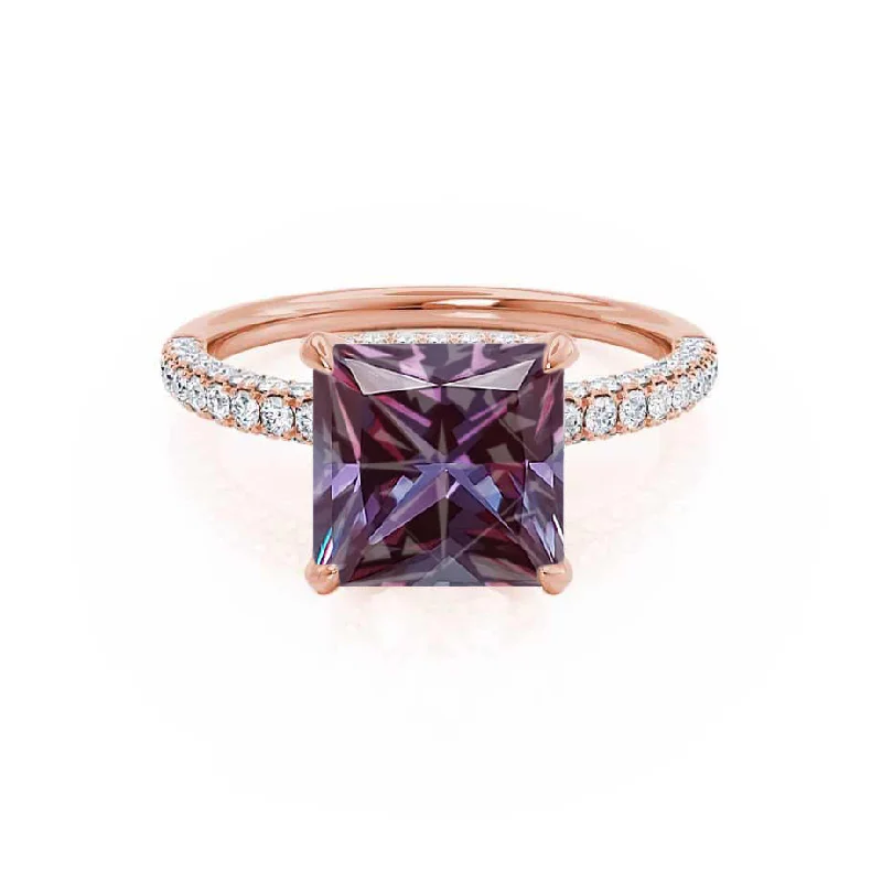 COCO - Chatham® Princess Alexandrite & Diamond 18k Rose Gold Hidden Halo Triple Pavé Shoulder Set