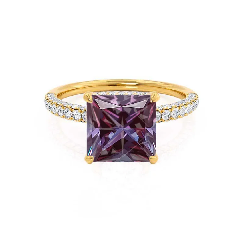 COCO - Chatham® Princess Alexandrite & Diamond 18k Yellow Gold Hidden Halo Triple Pavé Shoulder Set