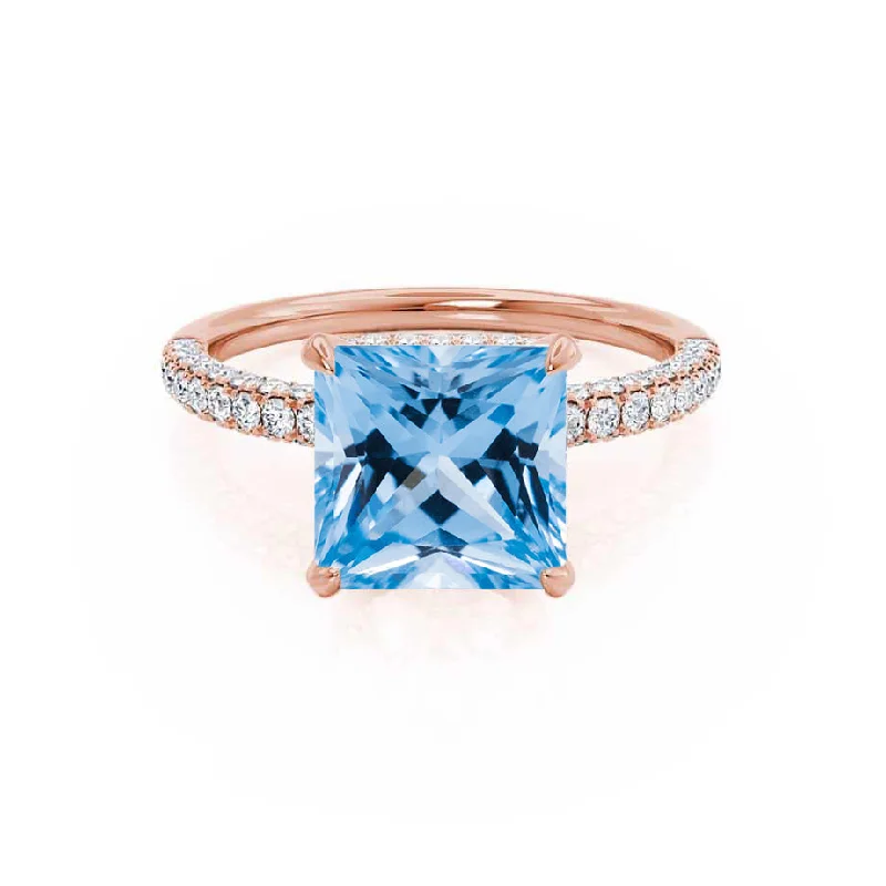 COCO - Chatham® Princess Aqua Spinel & Diamond 18k Rose Gold Hidden Halo Triple Pavé Shoulder Set