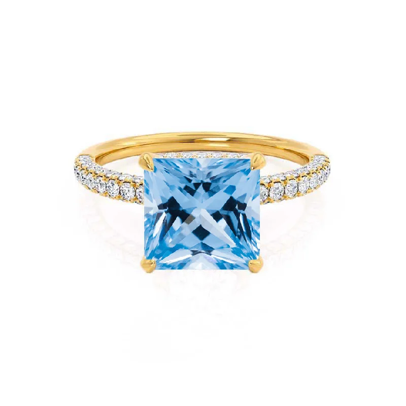 COCO - Chatham® Princess Aqua Spinel & Diamond 18k Yellow Gold Hidden Halo Triple Pavé Shoulder Set