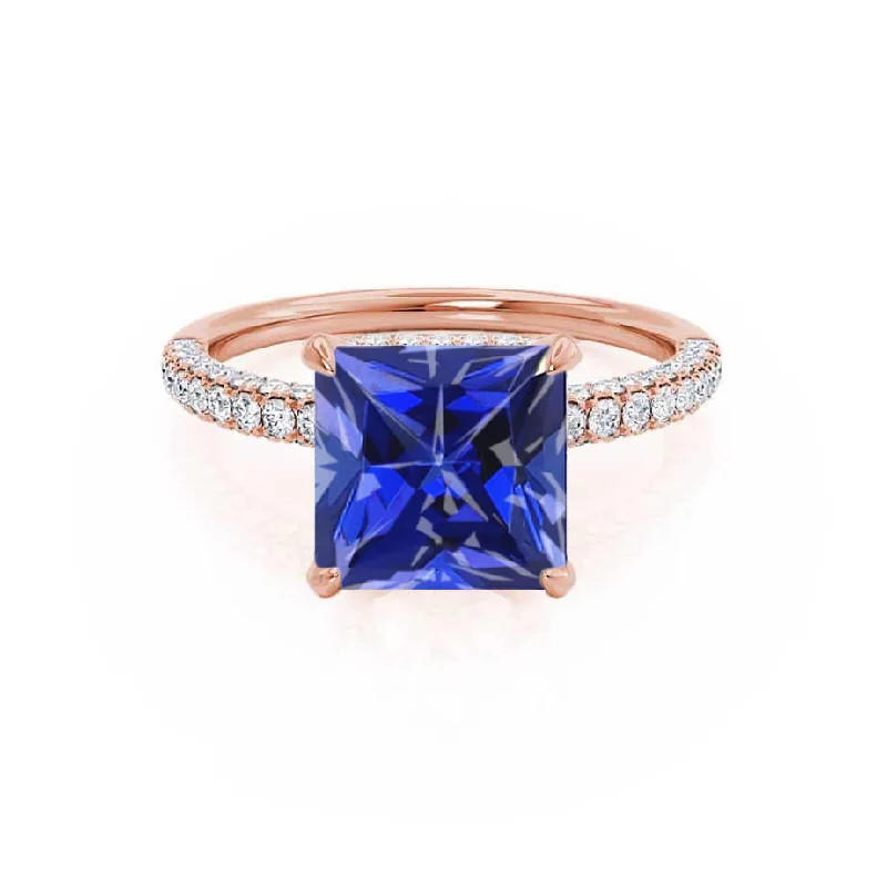 COCO - Chatham® Princess Blue Sapphire & Diamond 18k Rose Gold Hidden Halo Triple Pavé Shoulder Set