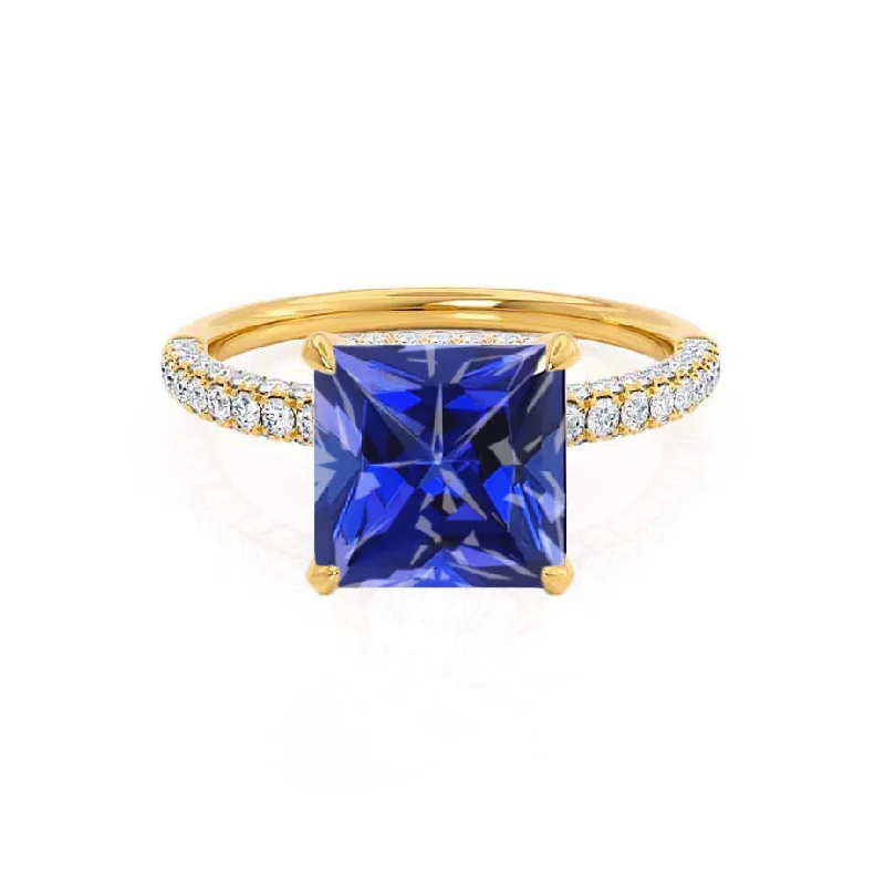 COCO - Chatham® Princess Blue Sapphire & Diamond 18k Yellow Gold Hidden Halo Triple Pavé Shoulder Set