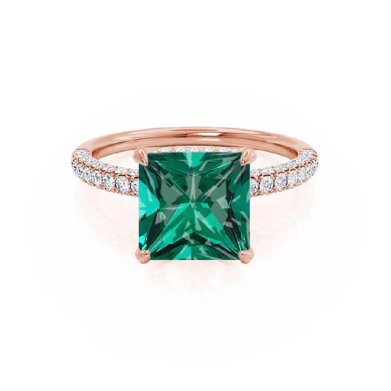 COCO - Chatham® Princess Emerald & Diamond 18k Rose Gold Hidden Halo Triple Pavé Shoulder Set