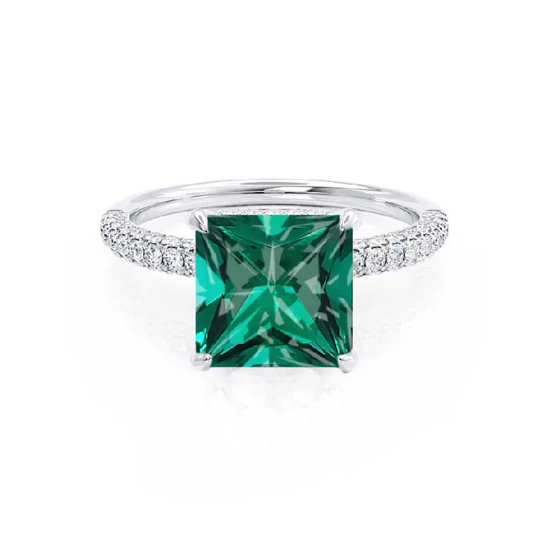 COCO - Chatham® Princess Emerald & Diamond 18k White Gold Hidden Halo Triple Pavé Shoulder Set