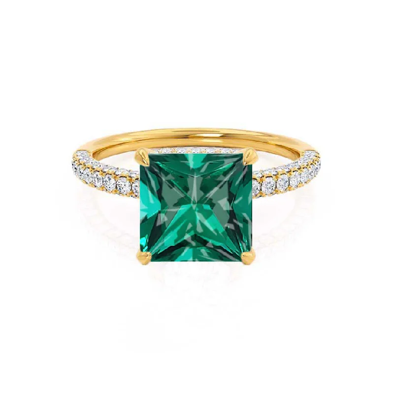 COCO - Chatham® Princess Emerald & Diamond 18k Yellow Gold Hidden Halo Triple Pavé Shoulder Set