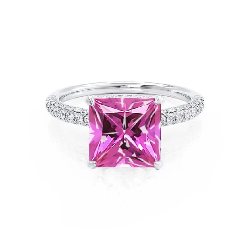 COCO - Chatham® Princess Pink Sapphire & Diamond 18k White Gold Hidden Halo Triple Pavé Shoulder Set