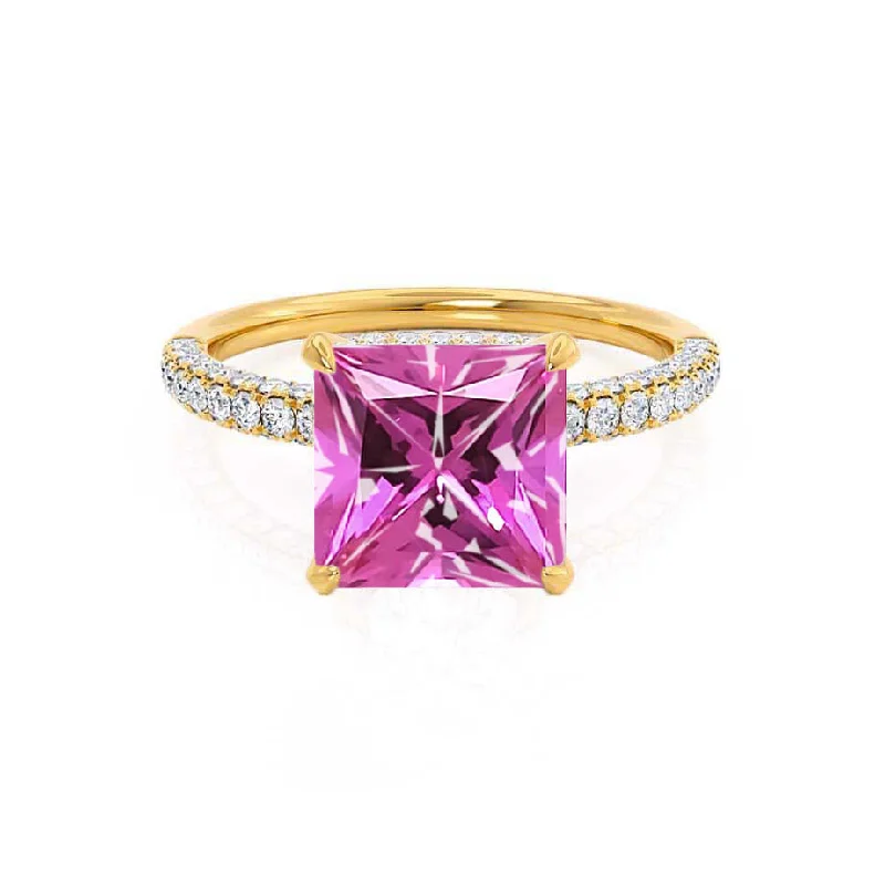 COCO - Chatham® Princess Pink Sapphire & Diamond 18k Yellow Gold Hidden Halo Triple Pavé Shoulder Set