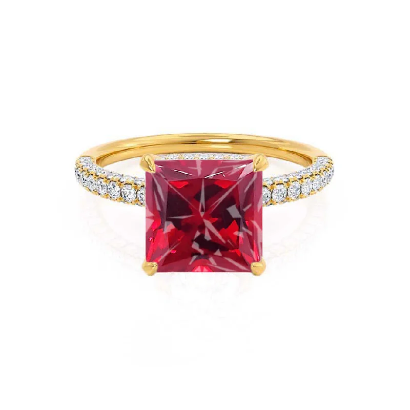 COCO - Chatham® Princess Ruby & Diamond 18k Yellow Gold Hidden Halo Triple Pavé Shoulder Set