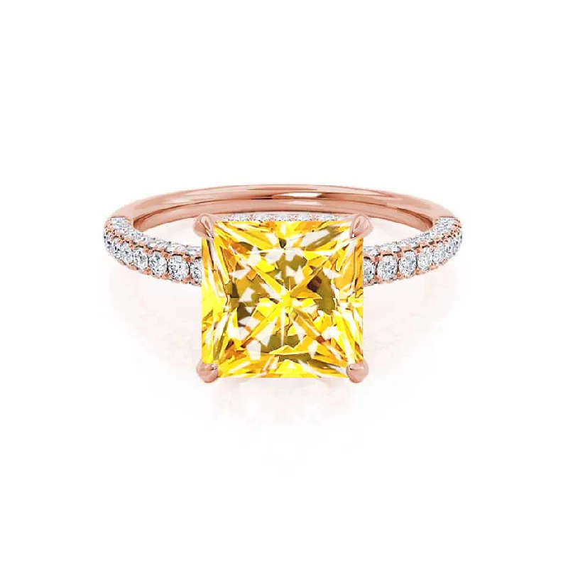 COCO - Chatham® Princess Yellow Sapphire & Diamond 18k Rose Gold Hidden Halo Triple Pavé Shoulder Set