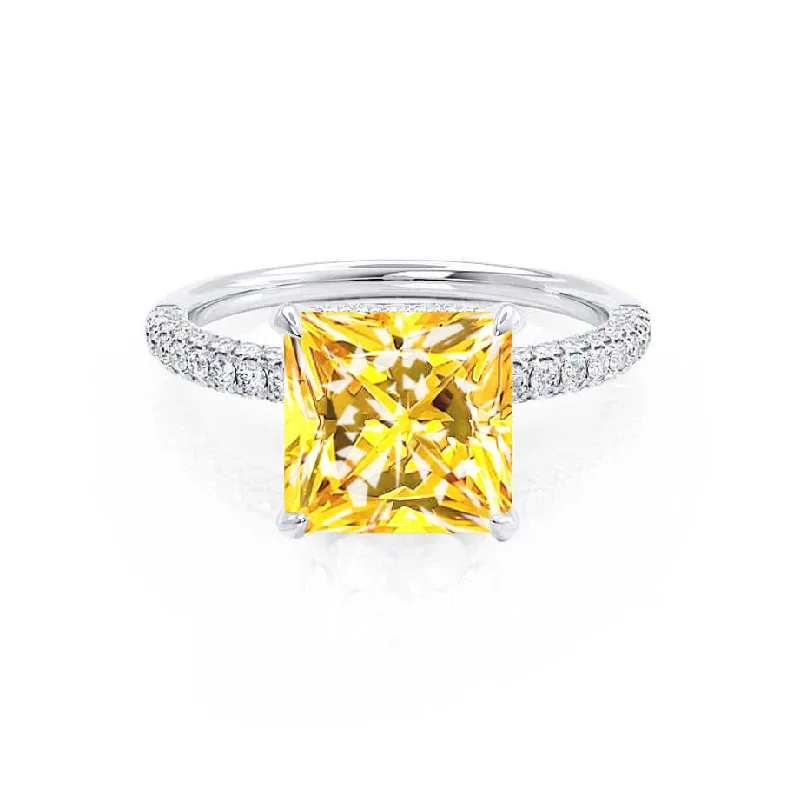 COCO - Chatham® Princess Yellow Sapphire & Diamond 18k White Gold Hidden Halo Triple Pavé Shoulder Set