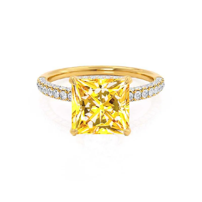 COCO - Chatham® Princess Yellow Sapphire & Diamond 18k Yellow Gold Hidden Halo Triple Pavé Shoulder Set