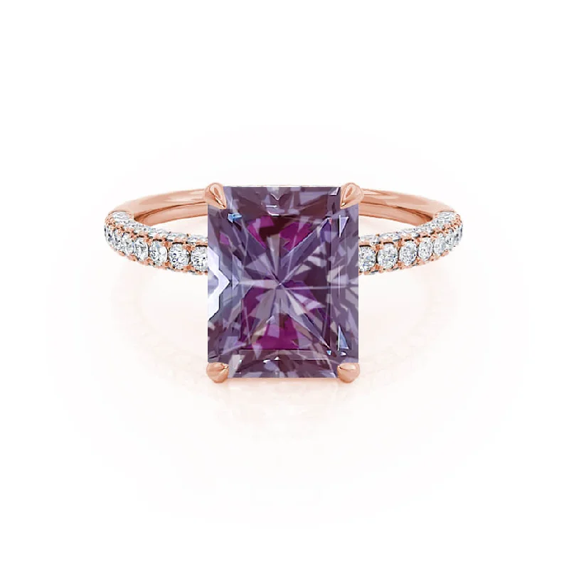 COCO - Chatham® Radiant Alexandrite & Diamond 18k Rose Gold Petite Hidden Halo Triple Pavé Shoulder Set Ring