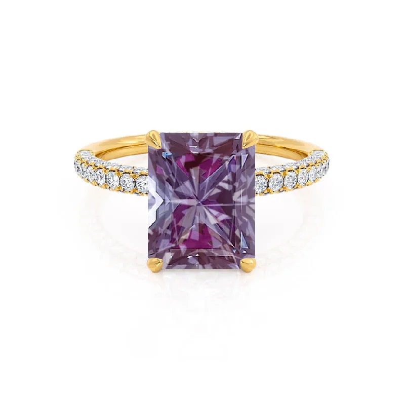 COCO - Chatham® Radiant Alexandrite & Diamond 18k Yellow Gold Petite Hidden Halo Triple Pavé Shoulder Set Ring