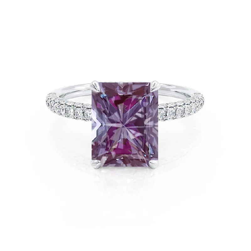 COCO - Chatham® Radiant Alexandrite & Diamond 950 Platinum Petite Hidden Halo Triple Pavé Shoulder Set Ring