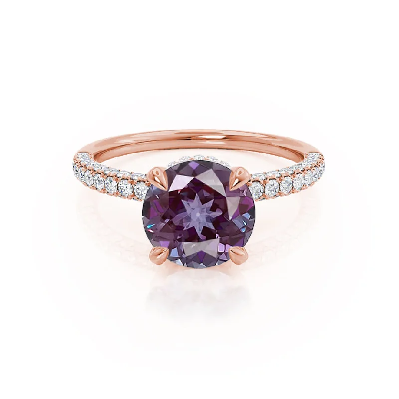 COCO- Chatham® Round Alexandrite & Diamond 18k Rose Gold Petite Hidden Halo Triple Pavé Shoulder Set Ring