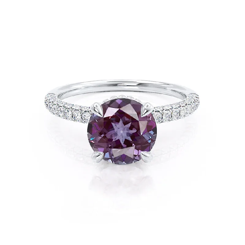 COCO- Chatham® Round Alexandrite & Diamond 950 Platinum Petite Hidden Halo Triple Pavé Shoulder Set Ring