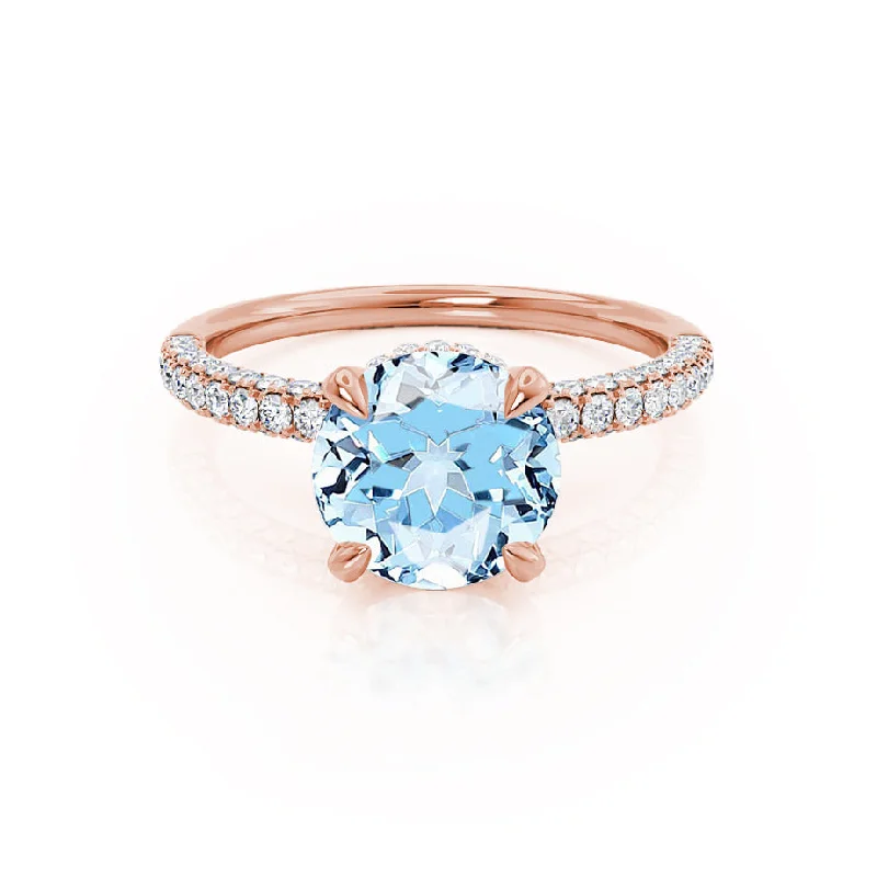 COCO- Chatham® Round Aqua Spinel & Diamond 18k Rose Gold Petite Hidden Halo Triple Pavé Shoulder Set Ring