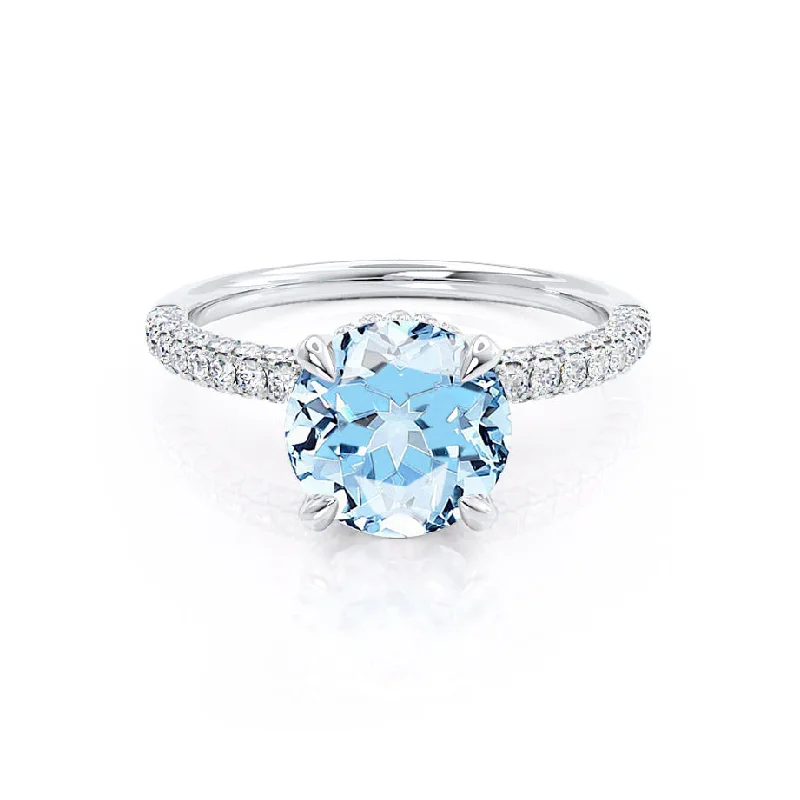 COCO- Chatham® Round Aqua Spinel & Diamond 18k White Gold Petite Hidden Halo Triple Pavé Shoulder Set Ring