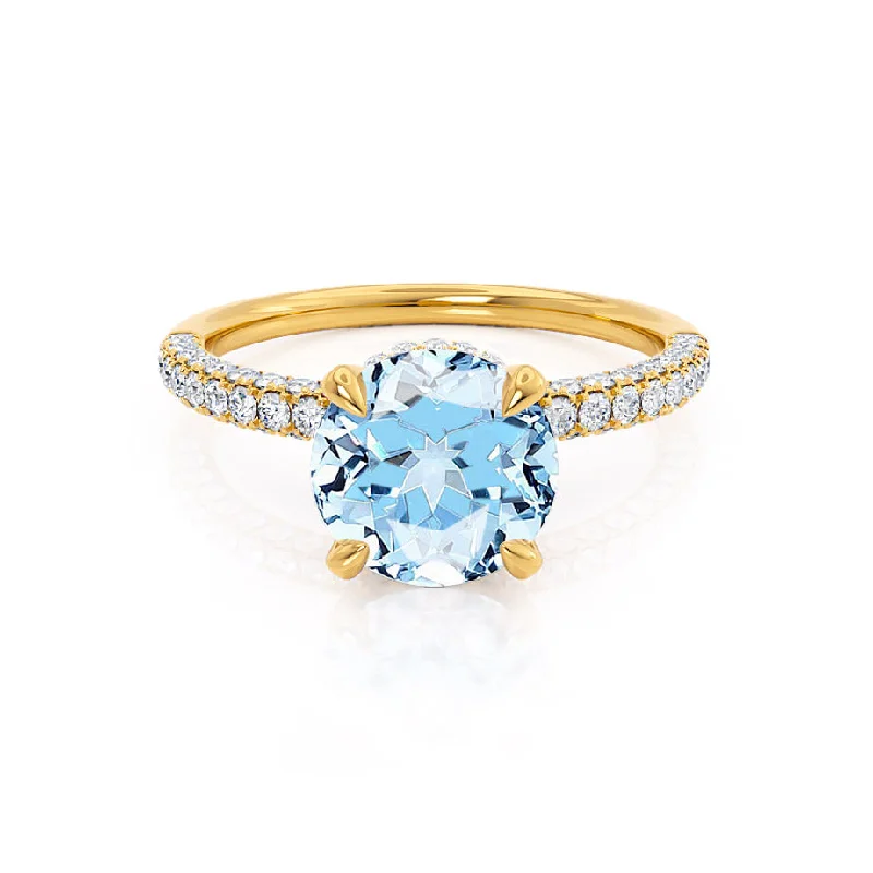 COCO- Chatham® Round Aqua Spinel & Diamond 18k Yellow Gold Petite Hidden Halo Triple Pavé Shoulder Set Ring